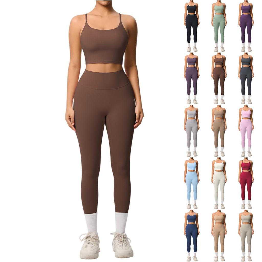 Women's Fashion Solid Color Back Top Tight Breathable Yoga Suit Set Sports Running Fitness Pants Two Piece Set