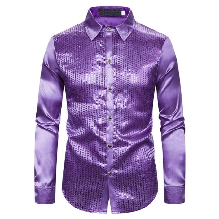Men's Shines Sequins Long Sleeve Button Down Shirt for Halloween Cosplay 70s Disco Party Dress Shirt