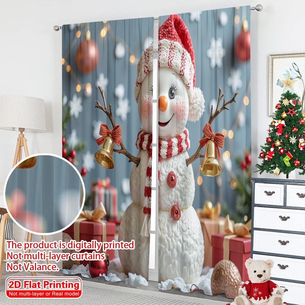 2pcs 2D Flat Printing Merry Christmas Window Curtains Cute Snowman Christmas Bells 100% Polyester Fabric Without Electricity