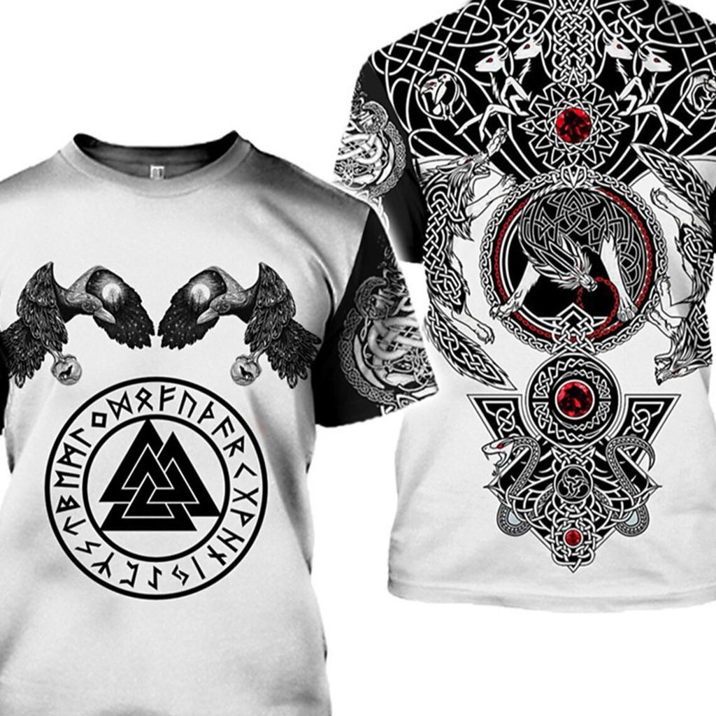 Letnie T-shirty męskie z okrągłym dekoltem i nadrukiem graficznym 3D o tematyce wikingów, modne i codzienne, z krótkim rękawem