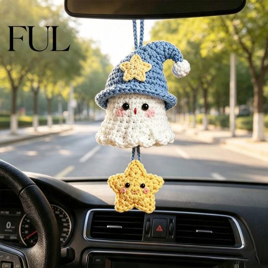 Hand Woven Ghost Decor Halloween Crochet Hanging Decoration, Handmade Ornament for Car Knitted Bag Charm Rearview Mirror, Knit Yarn Pendant