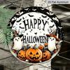 2D Flat, 1pc Round Waterproof Aluminum Happy Halloween Metal Sign, Classic Vintage Halloween Letter Cartoon Ghost Pumpkin Art, Front Door Wreath