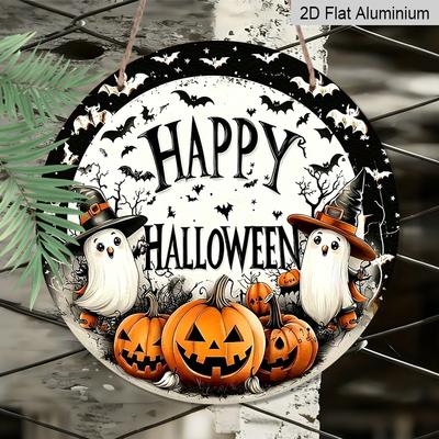 Plano 2D, 1 pieza Redondo Impermeable Aluminio Feliz Halloween Señal Metálica, Clásico Vintage Halloween Letra Dibujo Animado Fantasma Calabaza Arte, Corona Puerta Principal