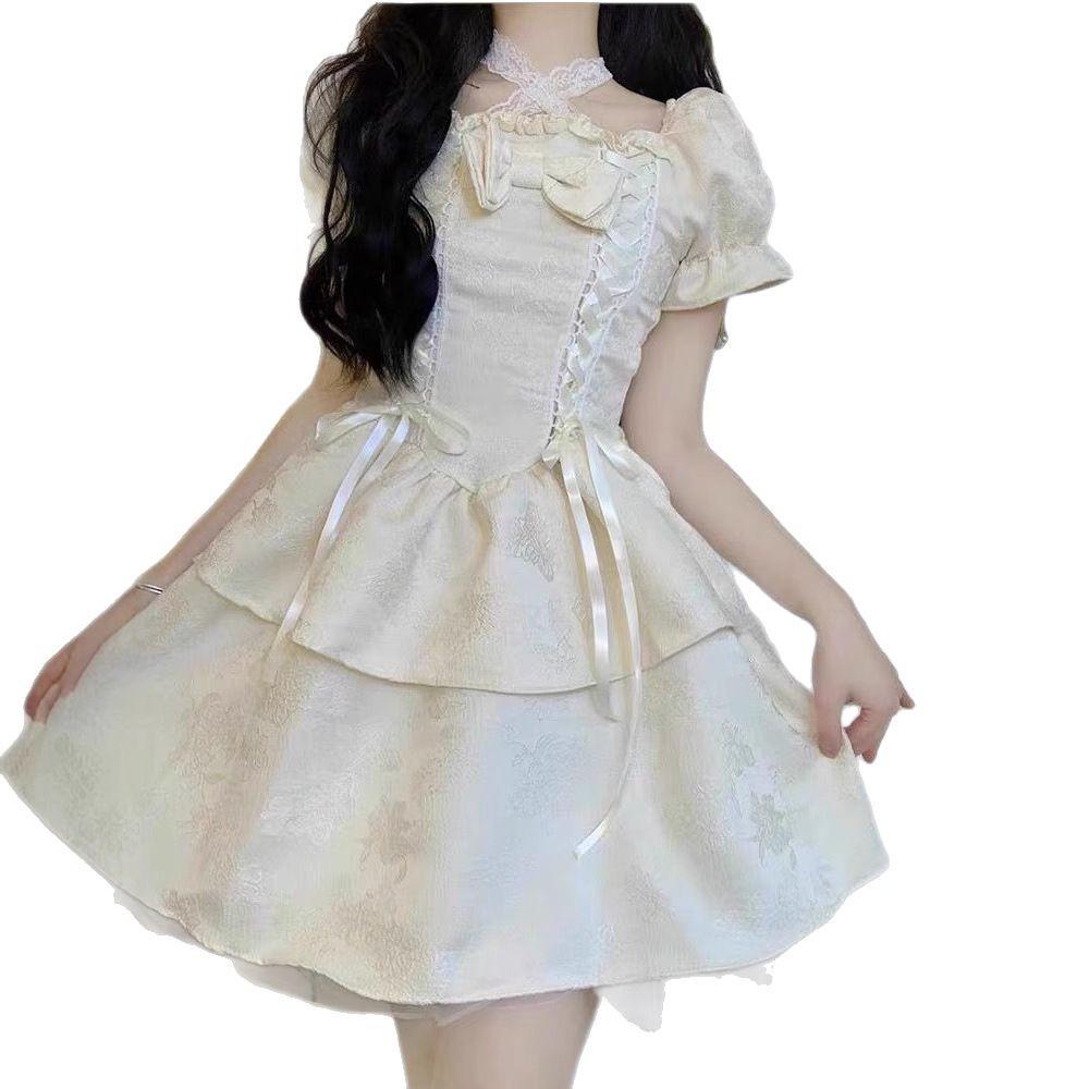 French square neck bubble sleeve pure desire dress waist temperament design sense niche sweet fairy short skirt summer