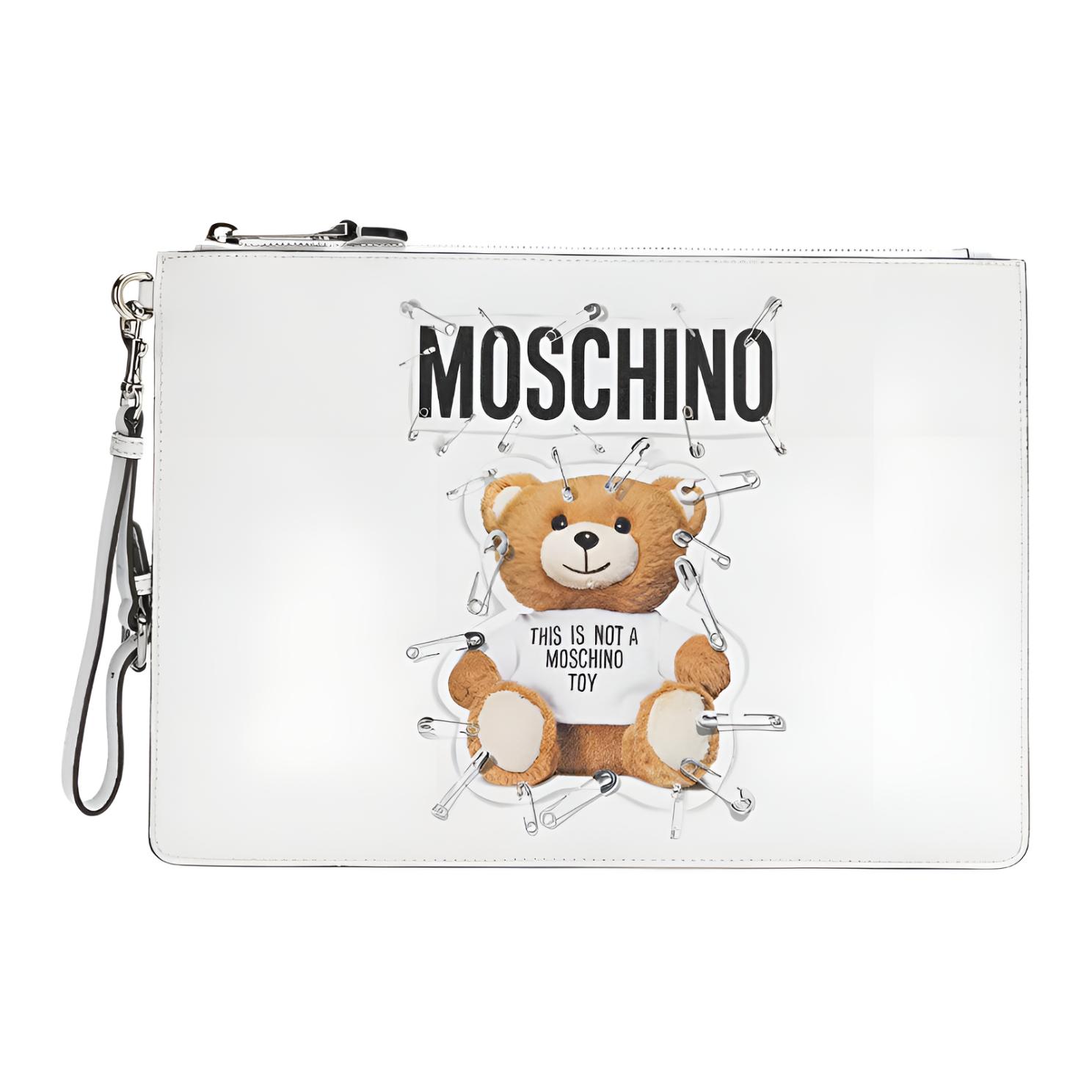 Moschino Teddy Bear Zipper Leather Clutch Women Clutch White A8420-8210-A1001 Basic Set (Bag+Dust Bag)