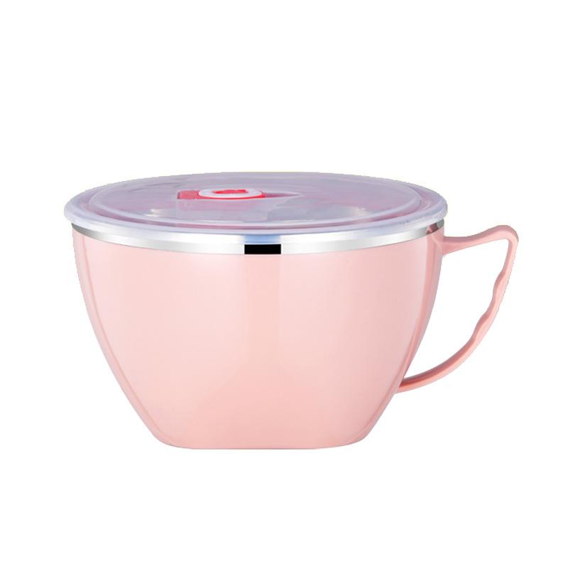 

1 шт., твердая миска для лапши из нержавеющей стали с ручкой, контейнер для еды, миска для риса, миски для супа, лапша быстрого приготовления розовый