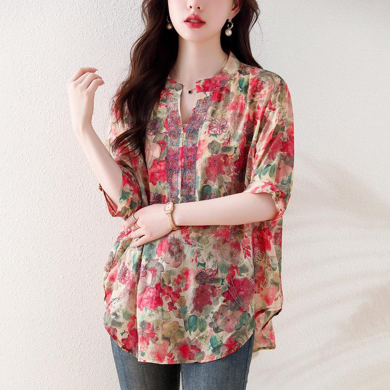 Summer Plus Size Age Reducing Printed Top Women's V-Neck Short Sleeve Shirt Sun Protection