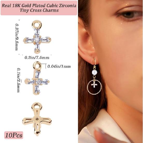 Beebeecraft 1 Box 10Pcs Tiny Cross Charms Real 18K Gold Plated Brass with Cubic Zirconia Smooth Irregular Crucifix Charms Accessories for Jewellery