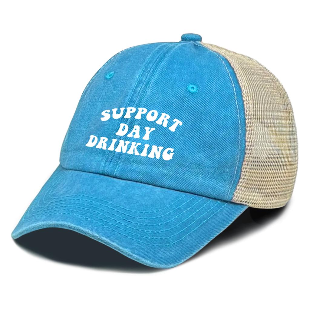 “Support Day Drinking” Print Mesh Cap Unisex Adjustable Trucker Hat Gorra Hombre Washed Retro Unisex Snapback Baseball Hat