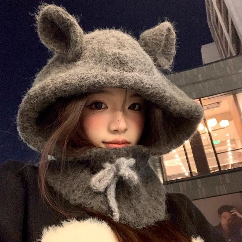 Cute Rabbit Ears Balaclava Women's Autumn and Winter Gray Hat Warm Ear Protection Beanie Trendy
