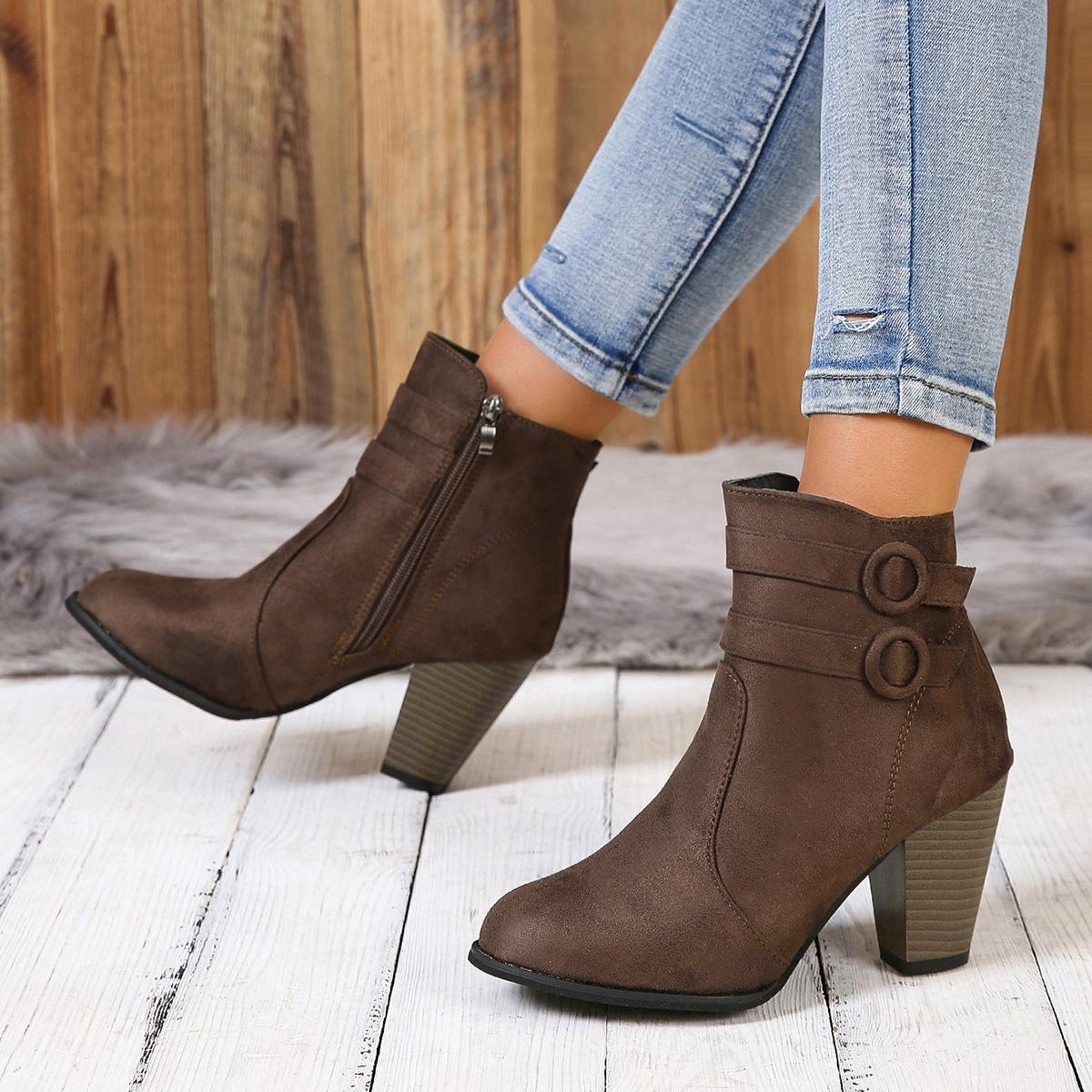 

Large size women s shoes thick heel short boots autumn and winter belt buckle high heel bare boots side zipper Martin boots women 43 темно-коричневого кольору