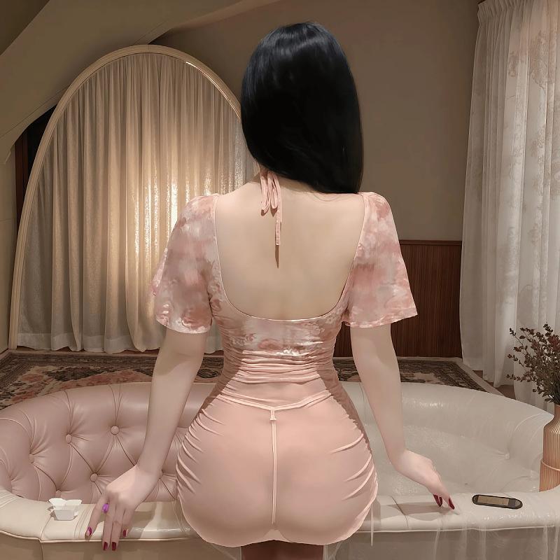 Sex underwear sexy perspective deep V floral rose light yarn hip skirt pure desire backless uniform