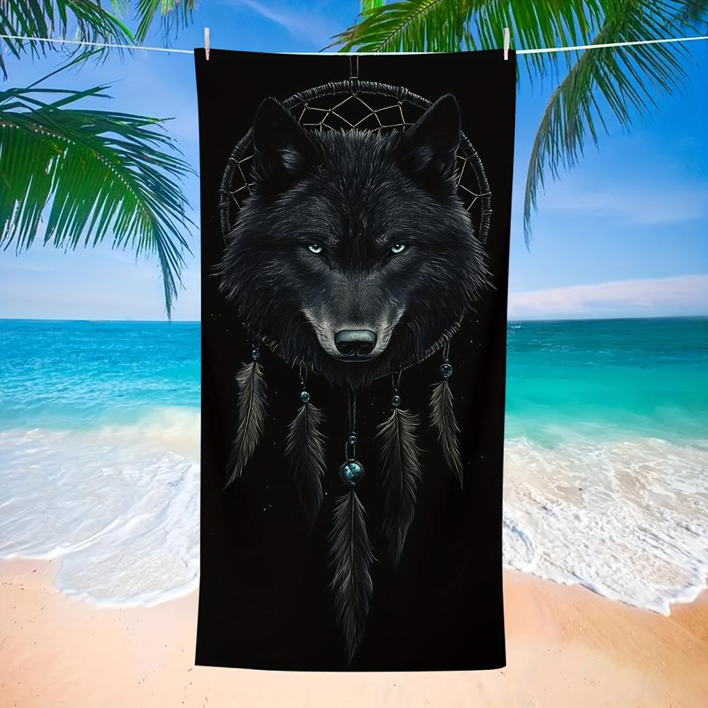 Fierce Wolf Art Beach Towel, Retro Fantasy Theme Quick-Dry Sand-Free Microfiber Bath Towel for Home, Bathroom and Outdoor Travel