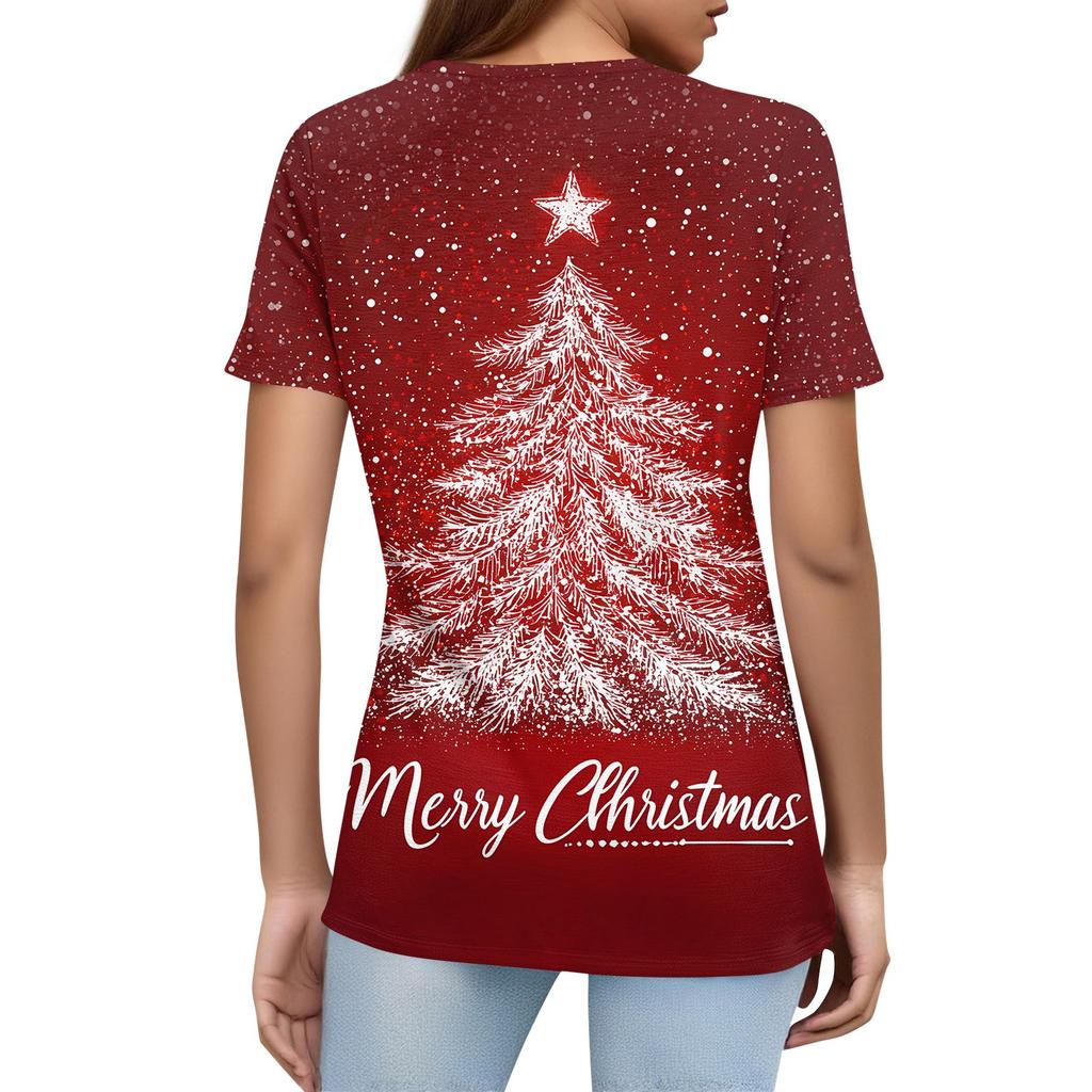 Women's T Shirt Christmas Print Button Short Sleeve Daily Weekend Fashion Basic V- Neck Regular Top