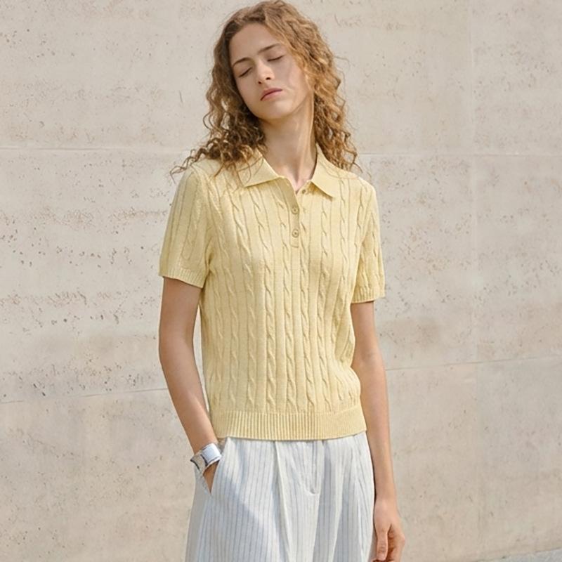 Old money style three-dimensional twisted flower and paper yarn short-sleeved polo shirt lapel T-shirt women's summer twist knitted sweater commuter t