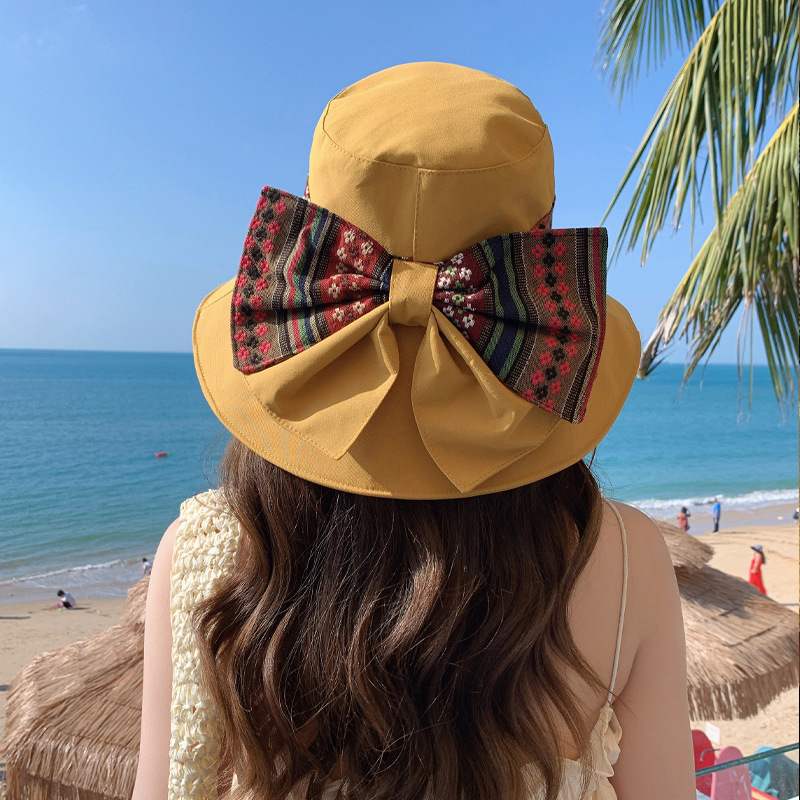 Women's Spring/Summer Korean Big Brimmed Fisherman Hat with Foldable Ethnic Pattern Sun Hat for Travel Beach Panama Cap