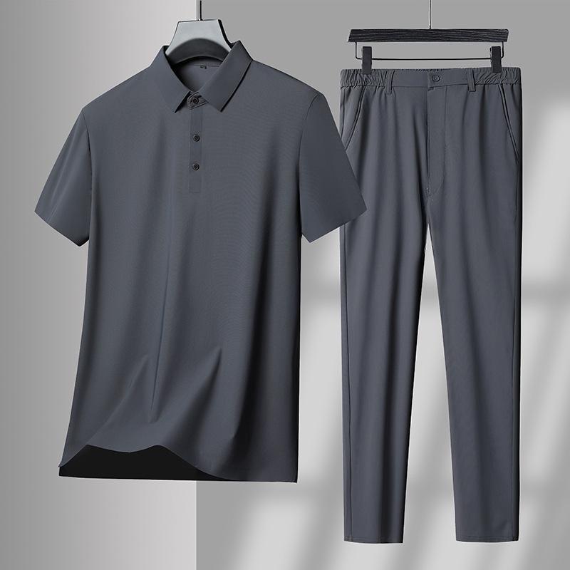 Men's Ice Silk Seamless Short-Sleeve Sports Suit - Summer Thin Two-Piece Set for Middle-Aged Dads (2025)