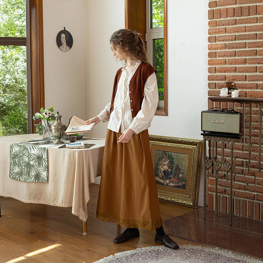 Peulaudeumali Pm_Lace Pattern Hem Skirt_Brown
