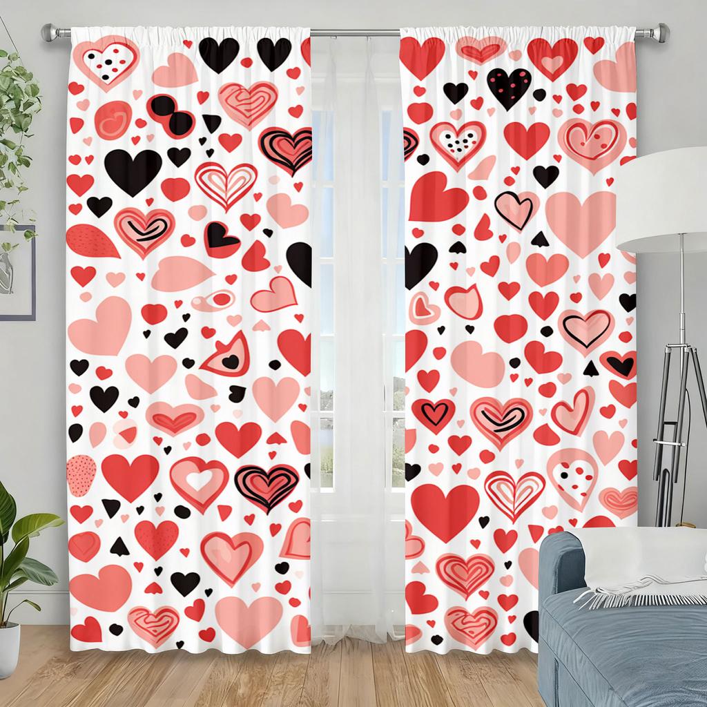 2pcs Multistyle Red & Pink Heart Pattern Curtains   Perfect for Valentine's Day Window Decor  Rod Pocket Curtains