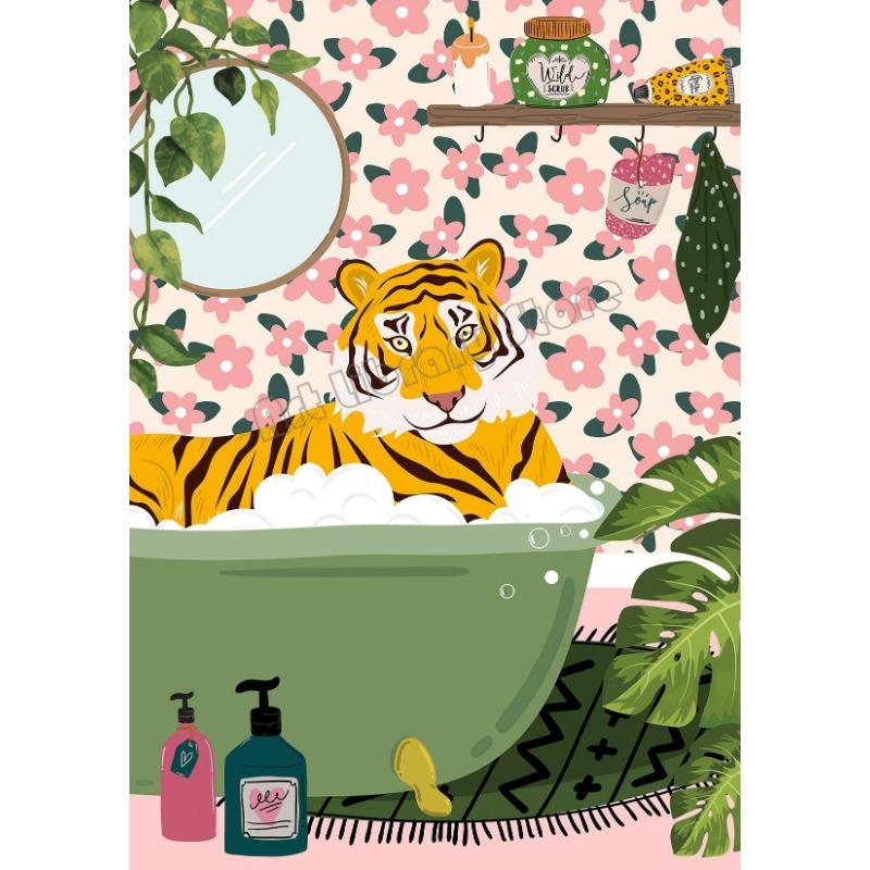 

Flamingo Zebra Tiger in Bathtub Reading Tropical Safari Toilet Bathroom Animals Poster Canvas Painting Wall Pictures Home Decor 21cm×30cm NoFrame