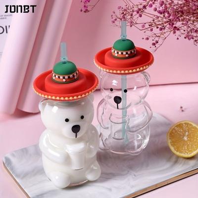 Niedlicher Bär Glasbecher für Kinder Hochtemperaturbeständige Transparente Gläser mit Strohhalmdeckeln Kaffeetassen Getränke Trinkgeschirr Geschenk