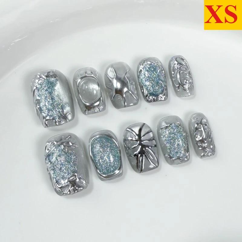 10Pcs Cat Eye False Nails Short Square Handmade Fake Nails Irregular Metal Press on Nails Silver Glitter Design Sweet Cool Girls