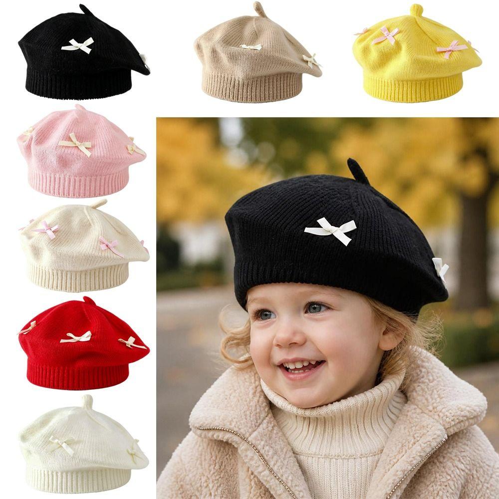 Cotton Girls Painter Cap Bowknot Decoration Toddler Warm Beanie Fashion Bow Knit Headwear Girl