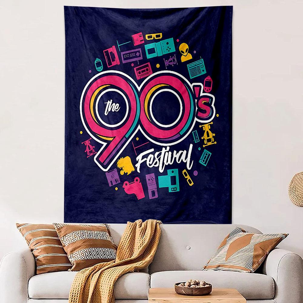 The 90s Festival Retro Icons Cassette Gameboy Skateboard Navy Wall Tapestry Nostalgia Decor for Bedroom Dorm Gift
