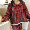 Red Plaid Peter Pan Collar Flannel Pajama Set - Long Sleeve and Pants for Autumn/Winter