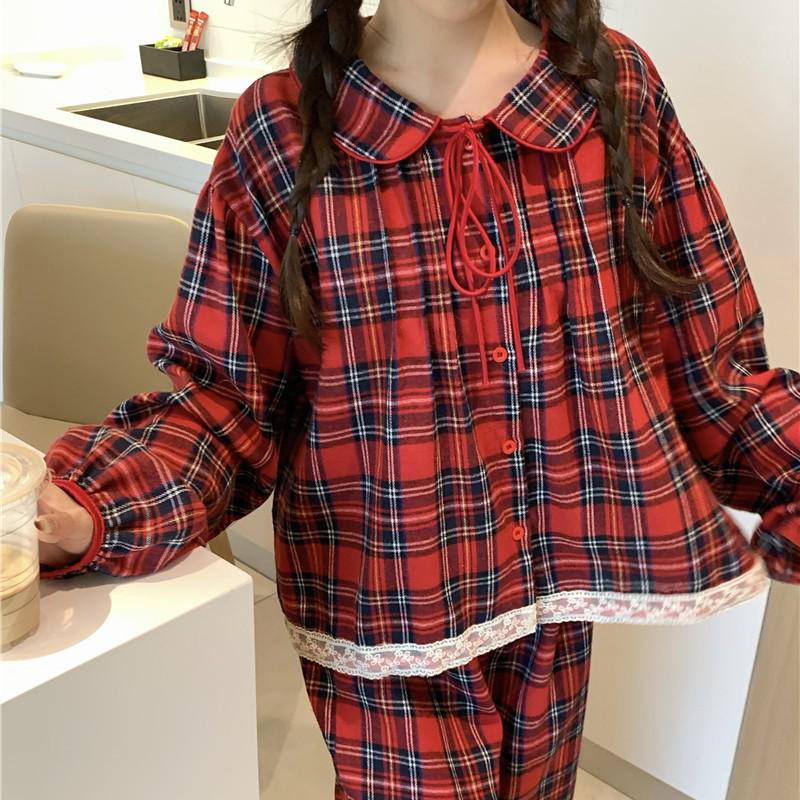 Red Plaid Peter Pan Collar Flannel Pajama Set - Long Sleeve and Pants for Autumn/Winter