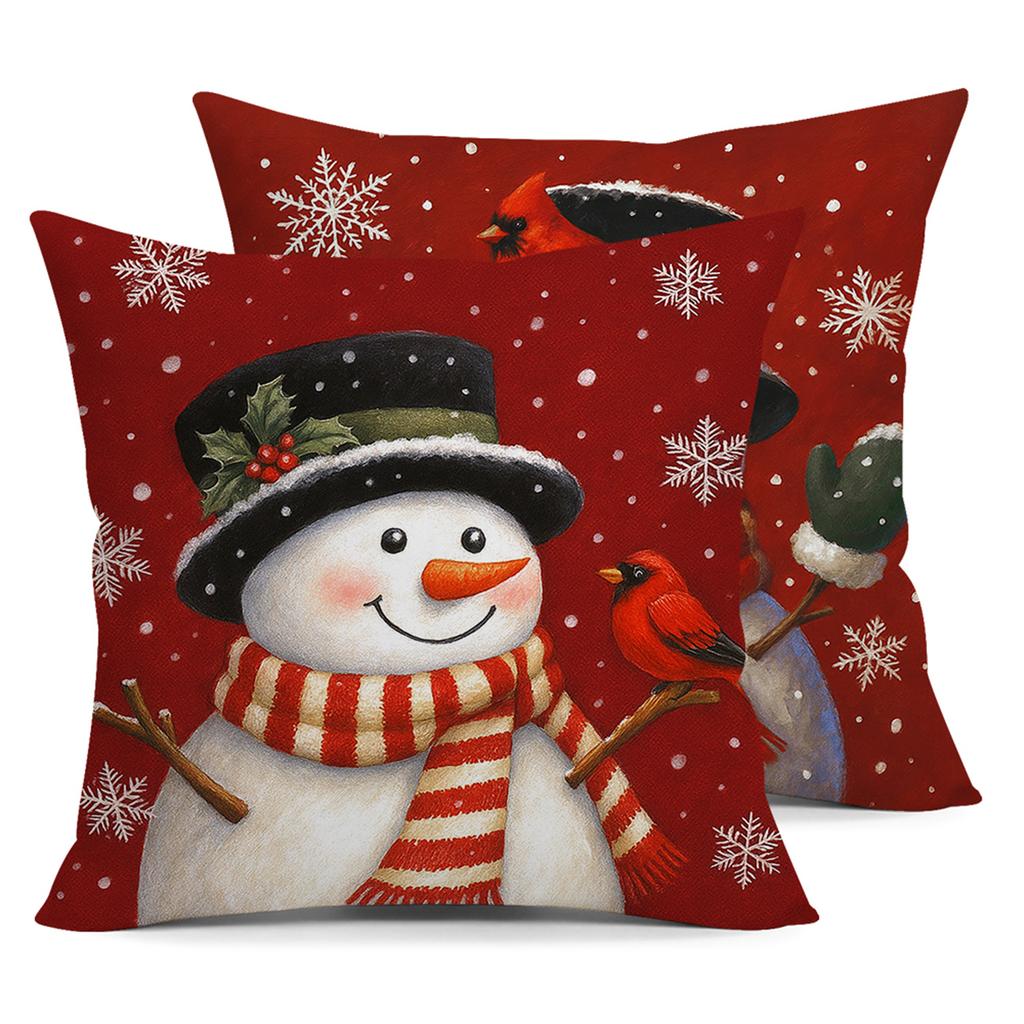 2Pcs Black Hat Snowman Scarf Christmas Throw Pillow Covers Snowflakes Cardinal Cushion Case Winter Home Party Decorations