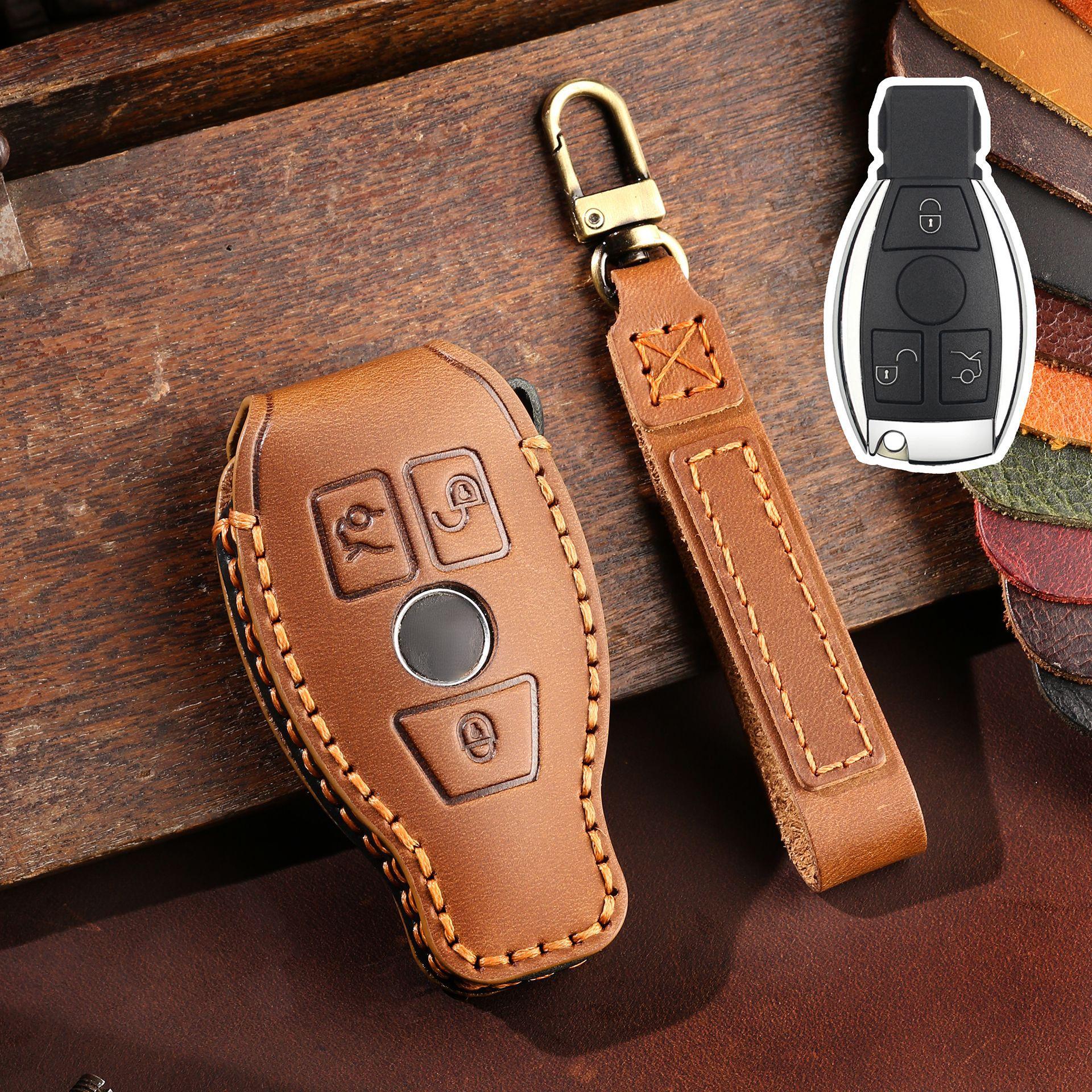 

Genuine Leather Key Bag for Mercedes-Benz C260L Car Key Cover C200L One Key Start Handmade Cowhide Protective Case коричневий