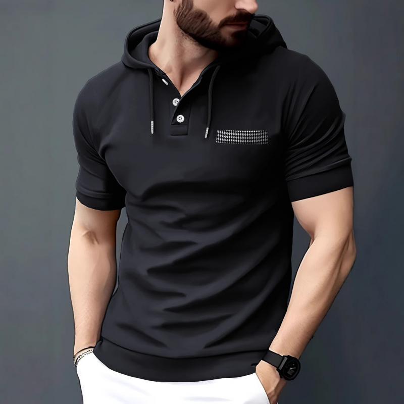 Men's Summer Hooded Polo Shirts Short Sleeve Casual Sports Plaid Pocket Solid Color Polos Men