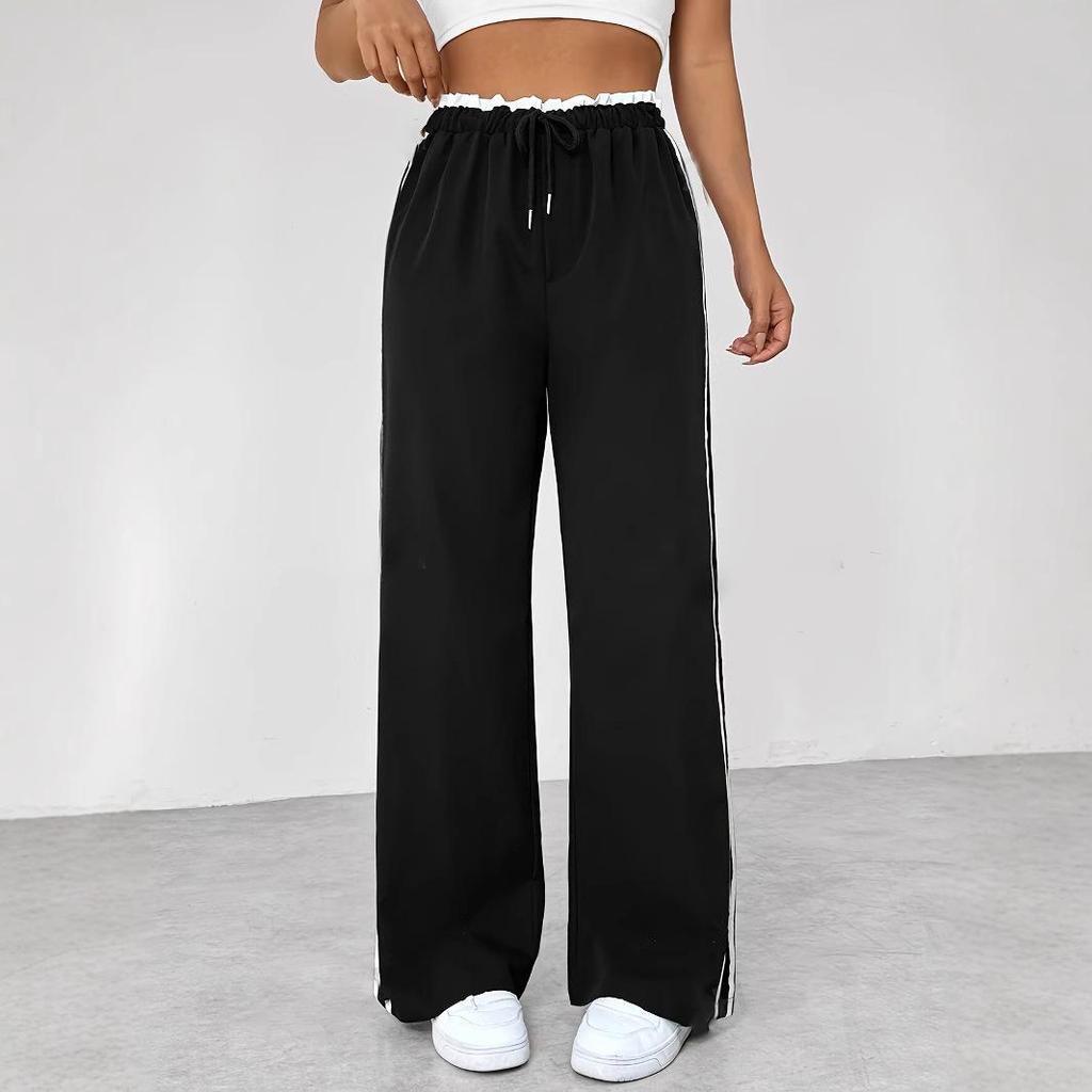 New EU & US Style Black Elastic Waist Straight-Leg Sports Pants - Women's Autumn/Winter Casual Trousers