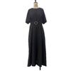 European & American Solid Color Round Neck Short Sleeve Slim Fit Long Dress with Waist Belt