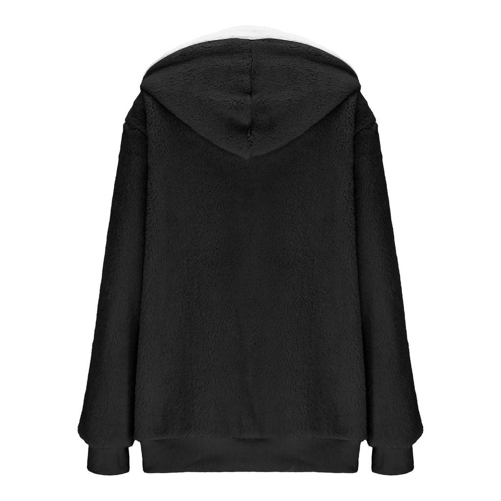 Women's Fashionable Plush Solid Color Zippered Hooded Pocket  Long Sleeved Loose Warm Jacket