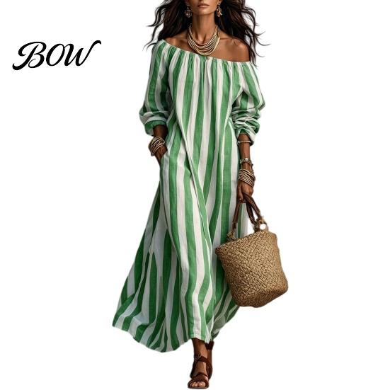 Long Sleeve Dress Summer Women Striped Dress, Off Shoulder Casual Soft Ankle Length Loose Swing with Side Pocket Comfortable Beach