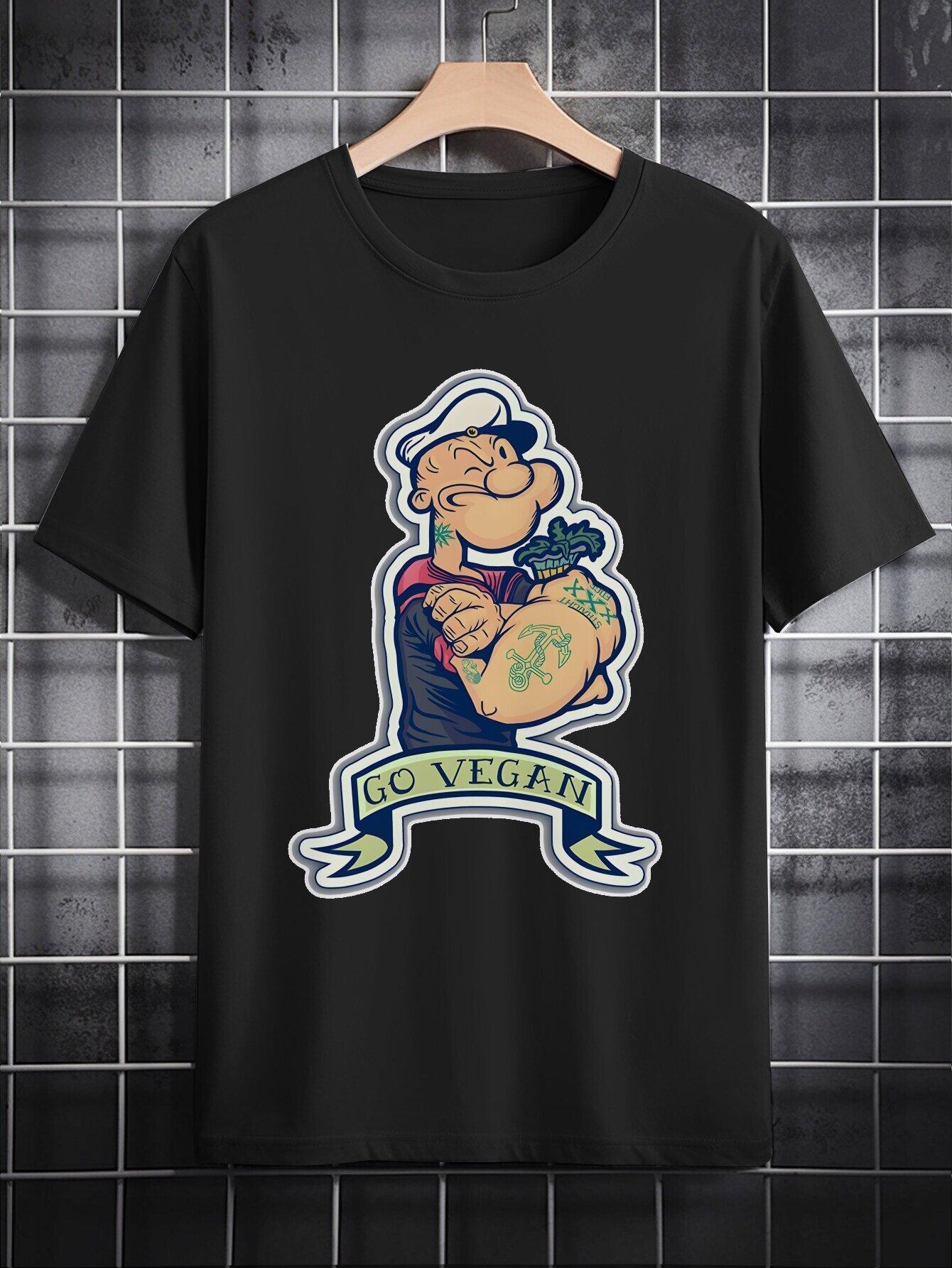 

Casual Round Neck T-shirt with I Love Vegan Sailor Graphic - Black Polyester Tee S