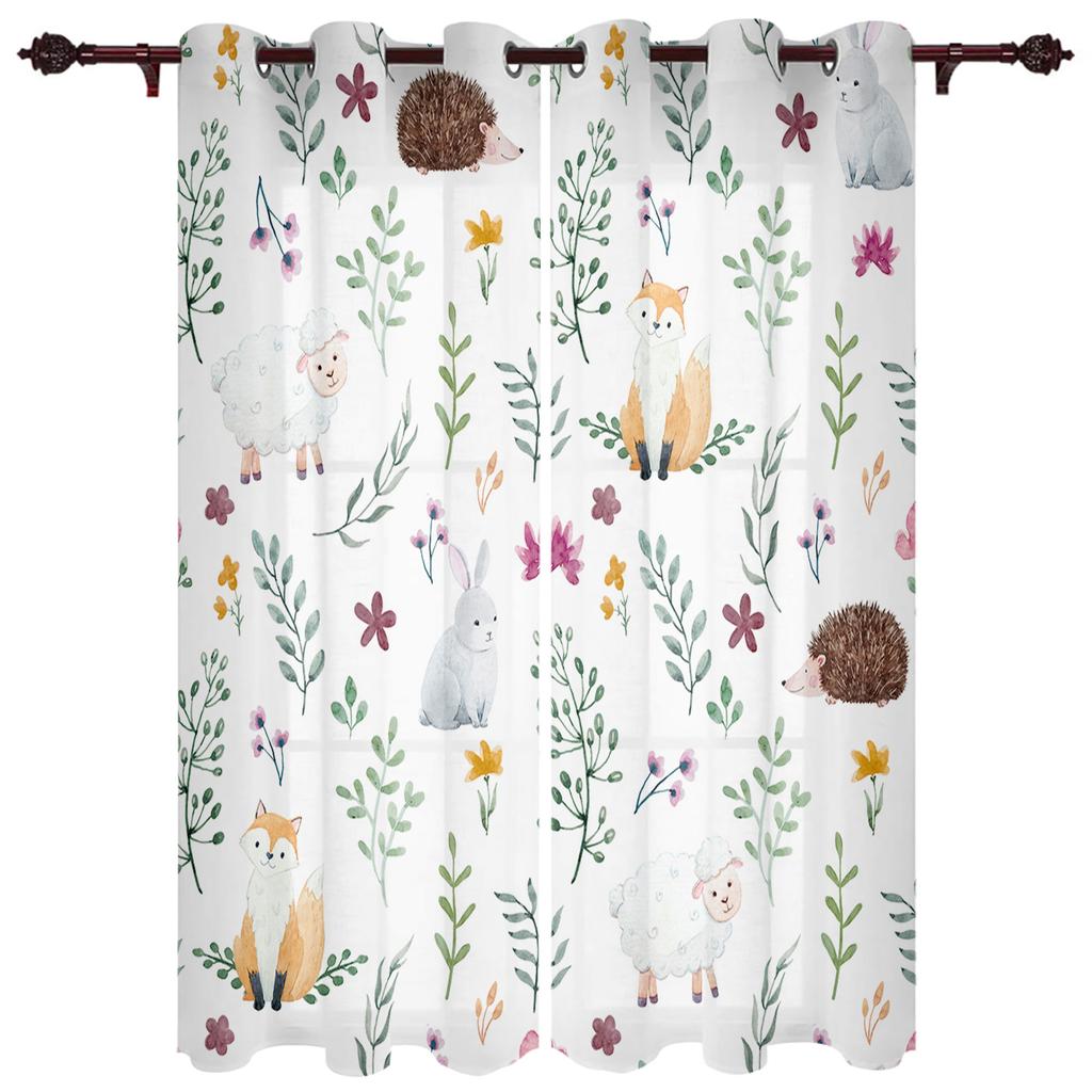 Modern Window Curtains Bunny Rabbit with Flowers Watercolor Luxury Fashion Curtains for Living Room Bedroom Kitchen Drapes