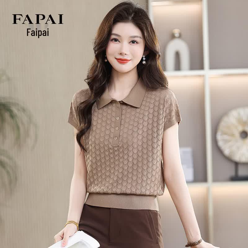 FAPAI Women s Ice Silk Polo Knit Short Sleeve Top S