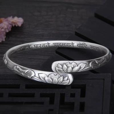 Vintage Thai Silver Lotus Flower Cuff Bracelet for Women Girl Ethnic Fashion New Jewelry Party Lady Gift Pulseras Mujer