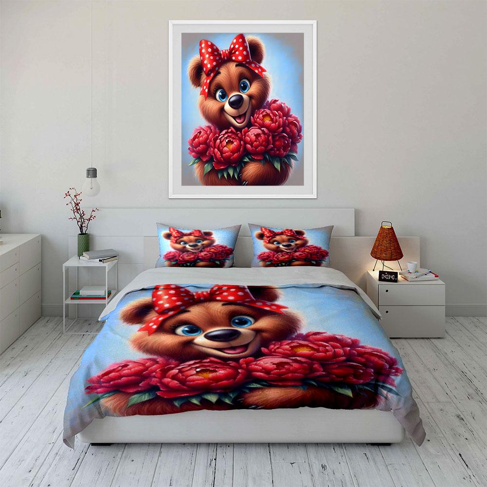 "Floral Teddy theme Gift bedding Set" Exquisite three-piece bedding set gift for kids and adults