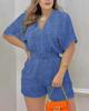 2024 Summer European & American Women's V-Neck Tie Short Sleeve Jumpsuit