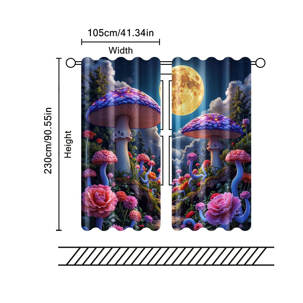 2 Pcs   Filtering Curtains (excluding Rods   Non-movable   Without Batteries) Colorful Mushroom for Use In Bedrooms and Living
