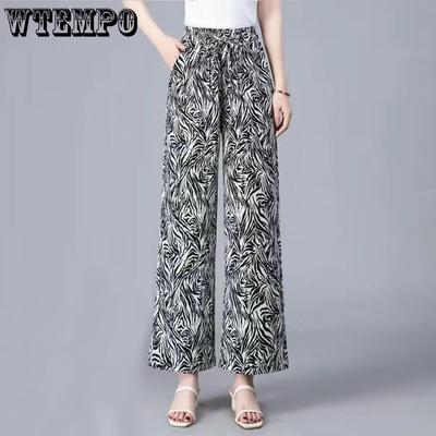 Women's Pants Wide Leg Pants Summer Thin Cropped Pants Floral Ice Silk Pants