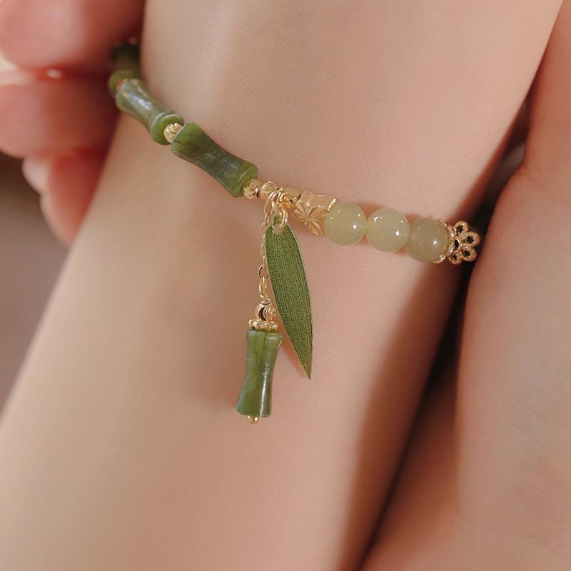 Chinese Style Retro Green Bamboo Joint Beaded Bracelet For Women's Fashion Simple Charm Alloy Leaf Bracelet Jewelry Gift