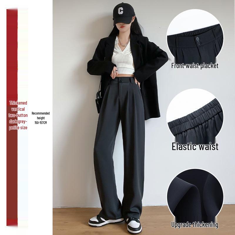 Women's High-End Black Drapey Straight-Leg Wide Suit Pants - Slimming, Casual Fit for Spring/Summer, Ideal for Pear-Shaped Bodies.