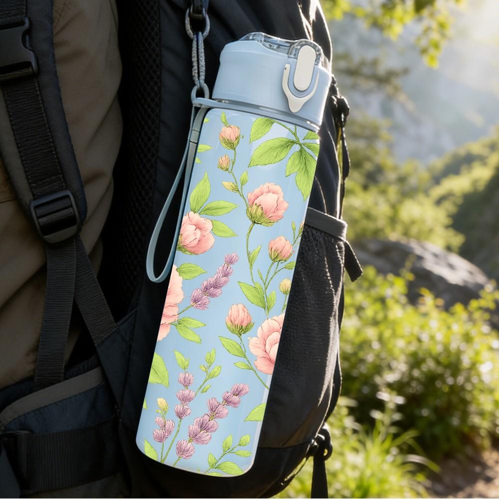 1PC Pink Rose Peony Floral Pattern 750ml Color Plastic Sports Water Bottle Leakproof Flip Straw Lid Suitable for Sports Office Home Use