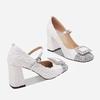 Xiaoxiangfeng High Heels für Damen 2025 Herbst Neu Pailletten mit Flachem Ausschnitt Pailletten Blockabsatz Mary Jane Einzelne Schuhe Quadratische Zehen