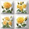 4PCS Yellow Rose Pillow Covers: Buds & Blooms with Green Leaves. Bright, Elegant & Warm. For Party, Festival, Home, Car Decor
